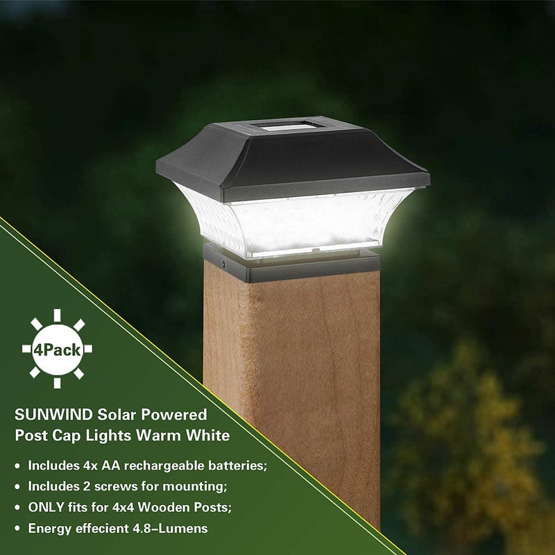 SUNWIND Solar Post Cap Lights Outdoor - 4 Pack LED Fence Lights for 4X4 & 5X5 Wooden Posts Warm White Waterproof for Deck, Patio or Garden Decoration (Black) - Image 2
